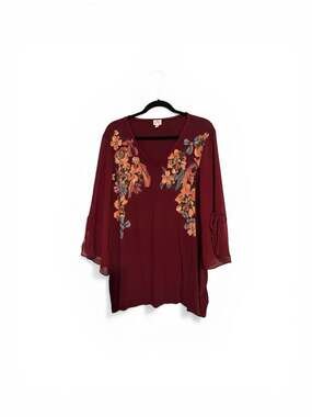 Dress Barn Burgundy With Flowers V-Neck Blouse Shirt -like new